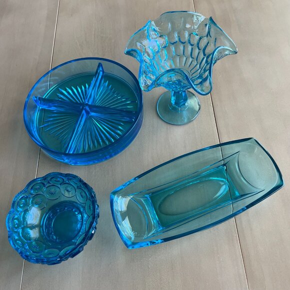 Vintage Rare Mid-Century Blue Glass Dishes Bowls Set - Picture 2 of 16